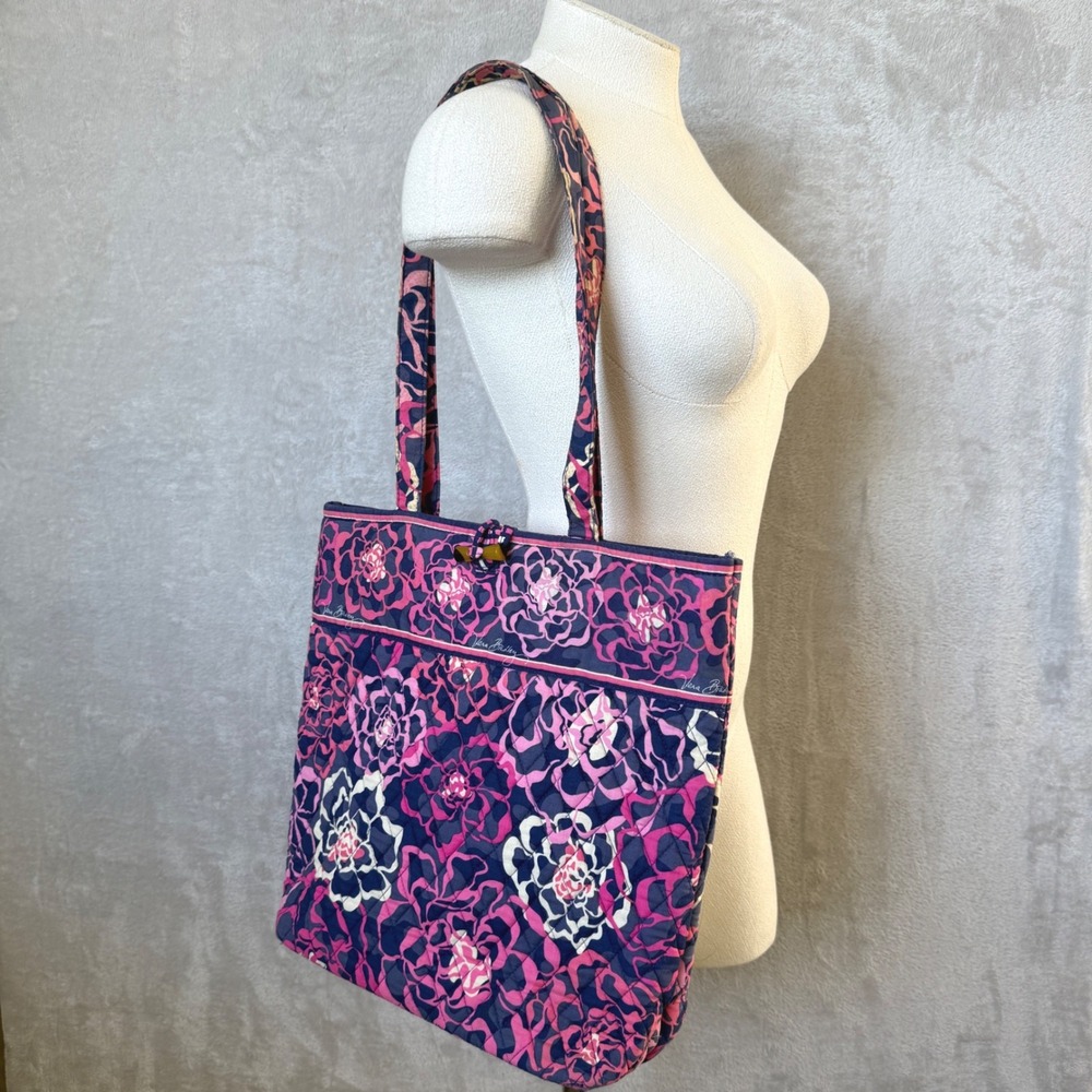 Vera Bradley Quilted Tote Bag Navy Pink Floral Rose Print Shoulder Bag
